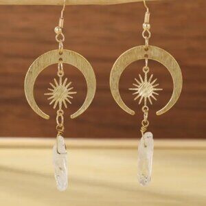 Vintage Boho Hippie Style Gold Plated Sun Moon Synthetic Crystal Dangle Earrings
